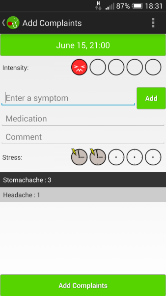 Add Complaints screen with multiple symptoms and star ratings