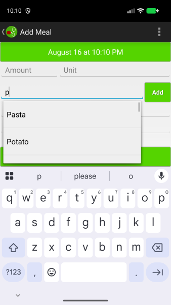 Localized built-in food suggestions displayed while typing on the Add Meal screen