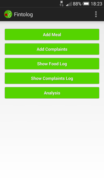 Fintolog main screen with buttons for meals, complaints, logs, and analysis