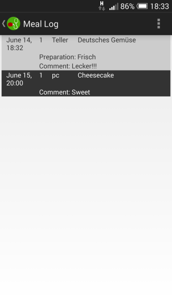 Meal Log showing saved meals and ingredients